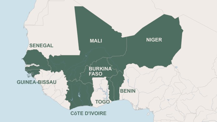 Map of the eight member states of the West African confederation Union Economique et Monétaire Ouest Africaine (UEMOA)