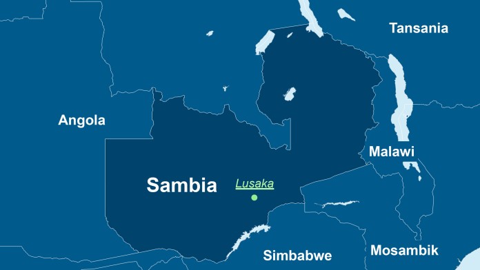 Karte von Sambia, der Hauptstadt Lusaka und den Nachbarländern.