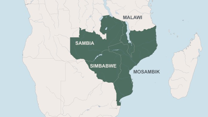 Karte von Sambia, Simbabwe, Malawi und Mosambik