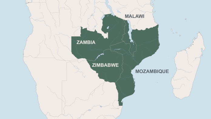 Karte von Sambia, Simbabwe, Malawi und Mosambik