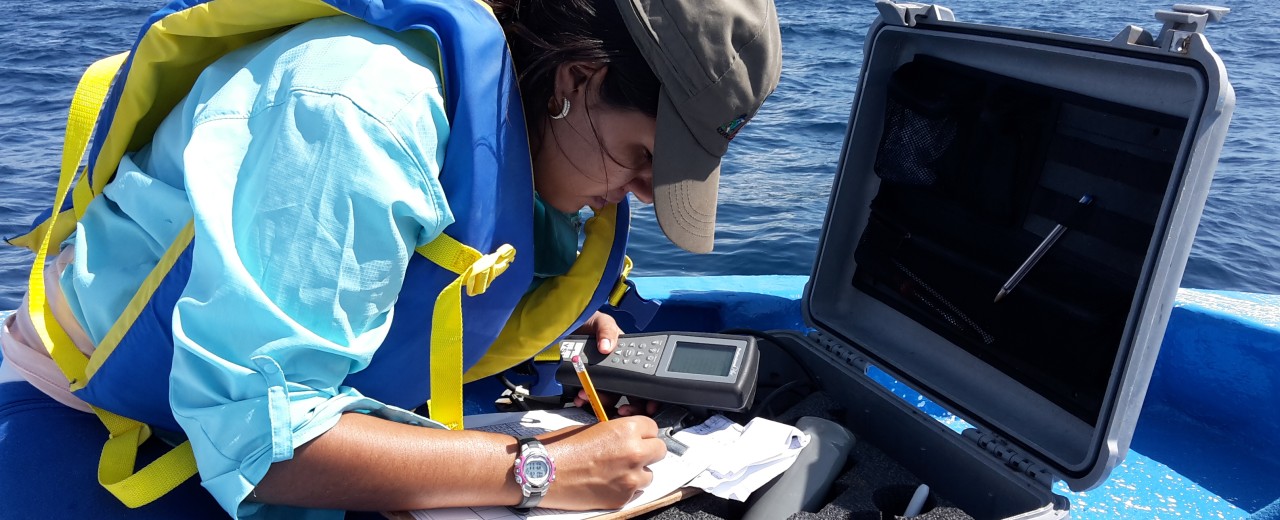 Eine Frau notiert sich Daten zur Sicherung der Wasserqualität 