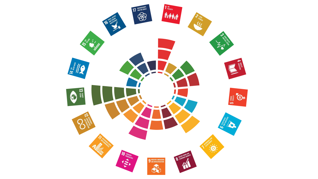 SDG Icons Kreisförmig angeordnet. Von der Kreismitte aus je nach Zusagevolumen unterschiedlich starker Balken nach außen.